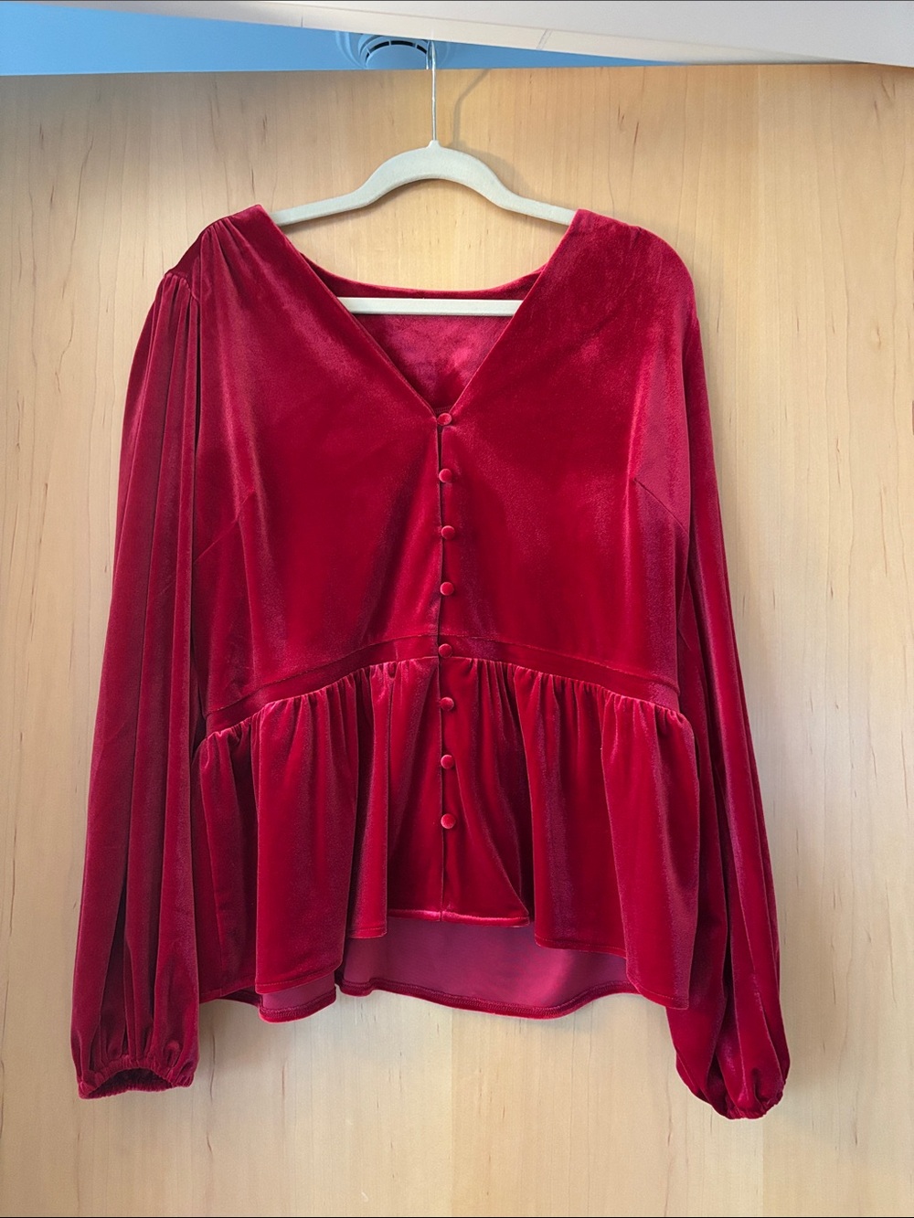 Old Navy Red Velvet Peplum Button-Front Blouse - Picture 2 of 4